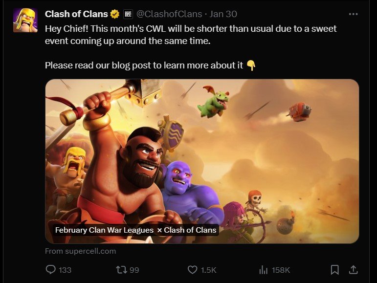 clash of clans tweet about cwl shoter this time then usual